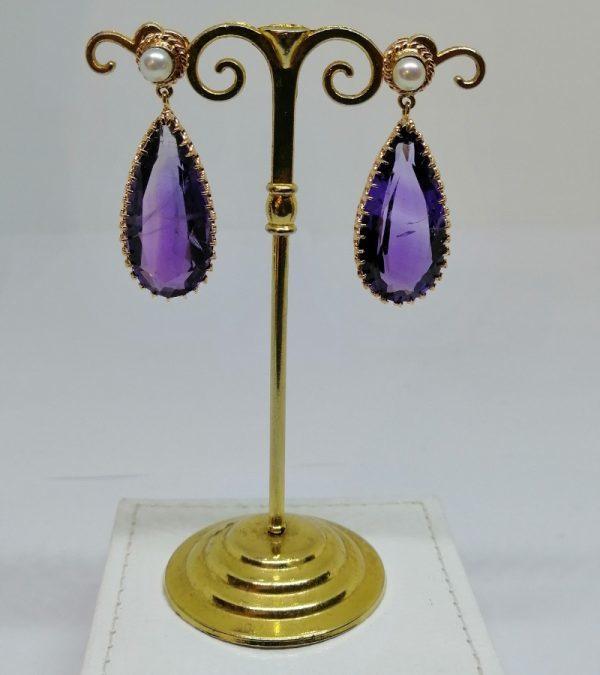 Boucles d'oreilles pendantes or, améthystes et perles – Image 3