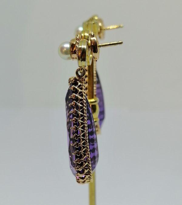 Boucles d'oreilles pendantes or, améthystes et perles – Image 5