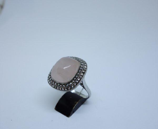 bague argent ancienne quartz rose et marcasites