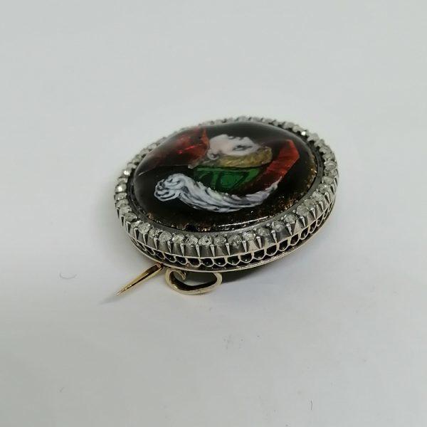 Broche ronde or/argent avec miniature émaillée. – Image 2