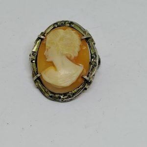 broche ou pendentif argent marcasites et camée coquillage 1930