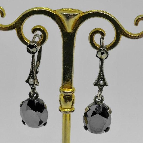 Boucles d'oreilles argent hématite marcasite demi-perle fine art déco 1930