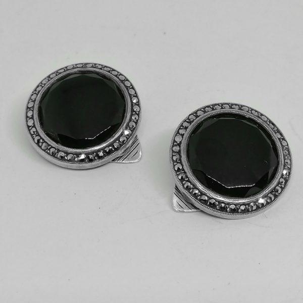 boucles d'oreilles argent marcasites et onyx 1930