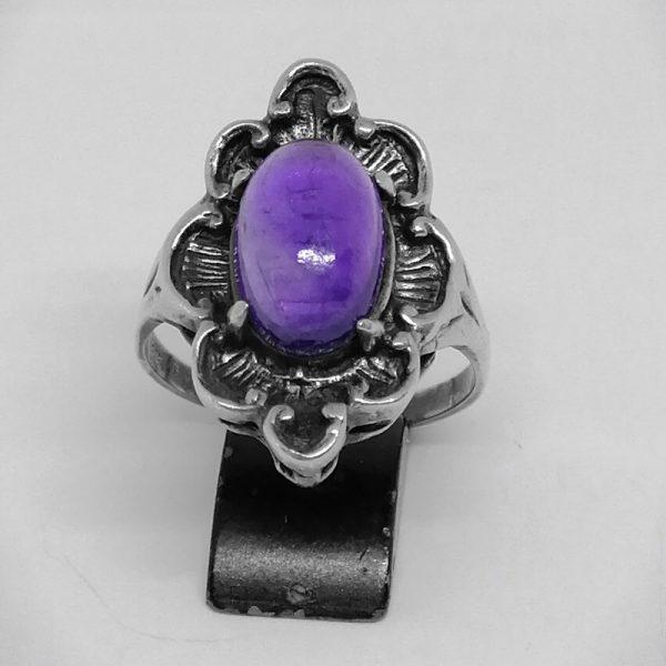 Bague argent façon marquise florale et cabochon d'améthyste