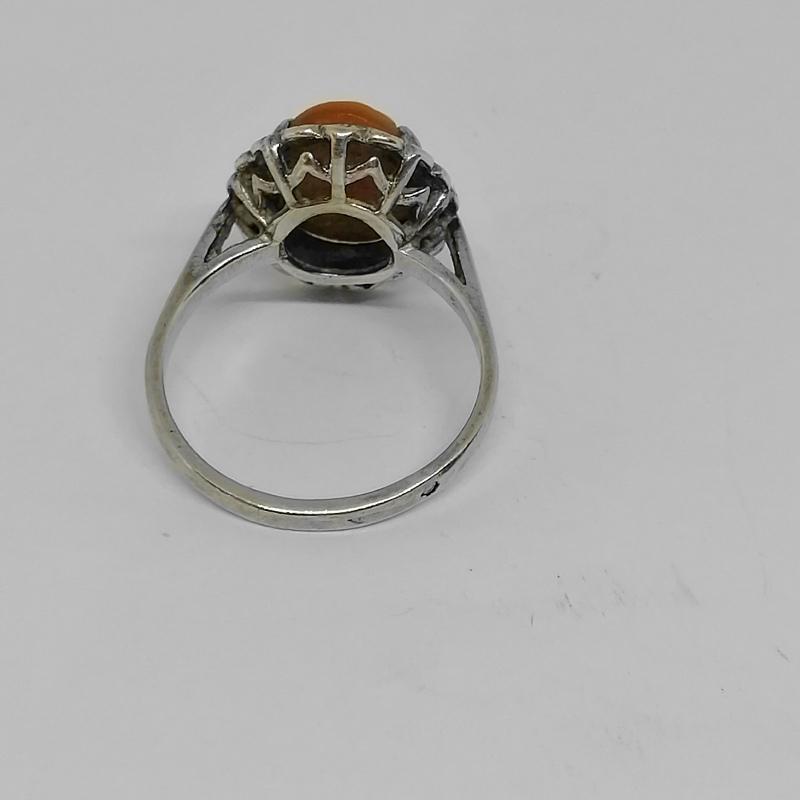 Bague Ancienne En Argent Massif Avec Camée Et Marcassite - Taille 57 - Forme Ovale - Bijou Vintage