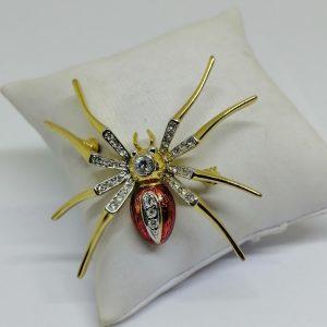 broche araignée en laiton avec strass blanc et émail rouge 1950-70