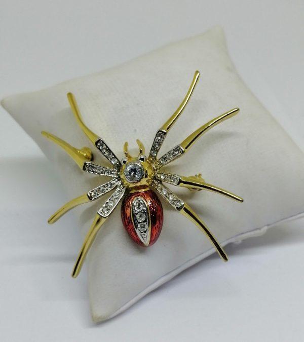 broche araignée en laiton avec strass blanc et émail rouge 1950-70