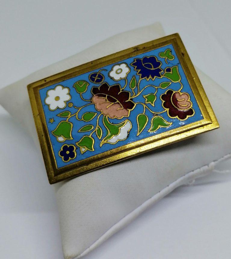 Ancienne broche rectangle couleur or coupe émail cloisonné bijou