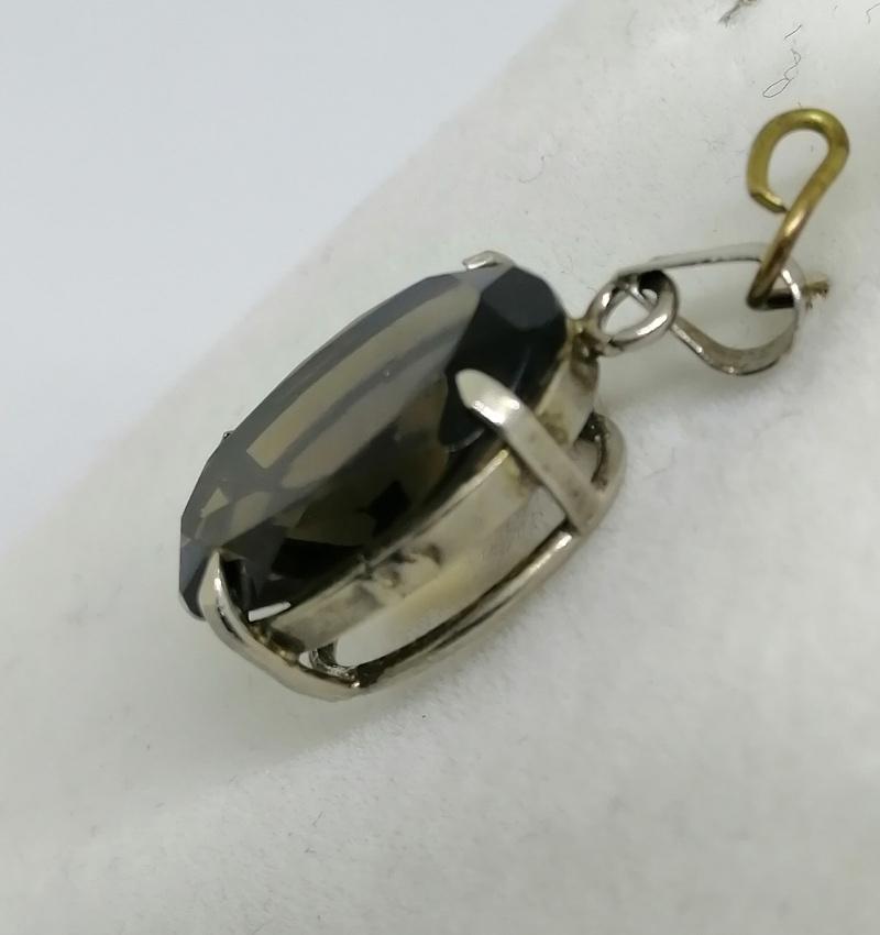 Pendentif Ancien En Argent Massif Avec Bronzite Et Quartz Fumé - Bijou Vintage Occasion