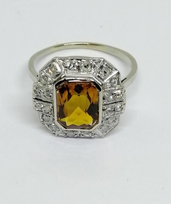 bague en ro gris roses de diamants et citrine ambrée art déco