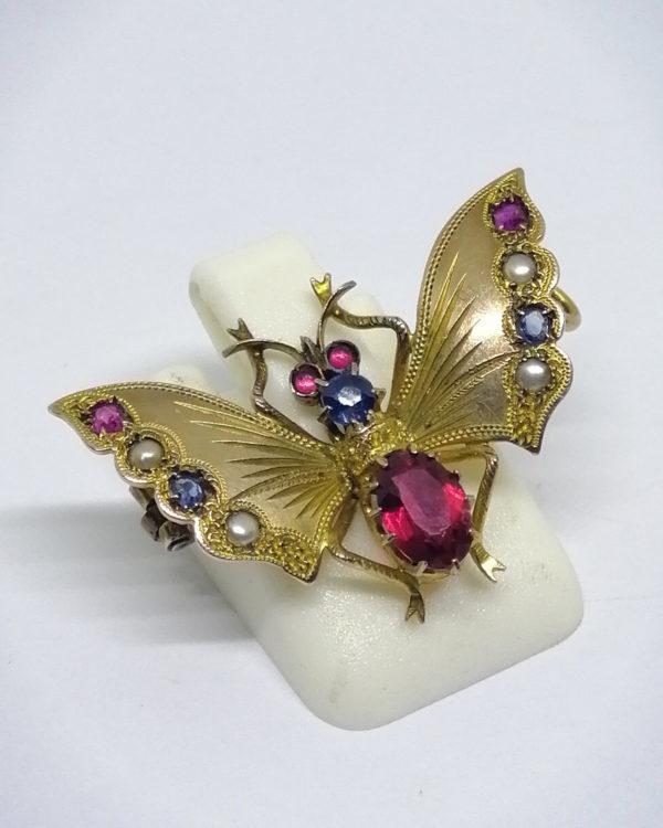 broche papillon en 8ct avec pierres précieuses vers 1900