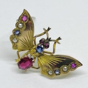 broche papillon en 8ct avec pierres précieuses art nouveau vers 1900