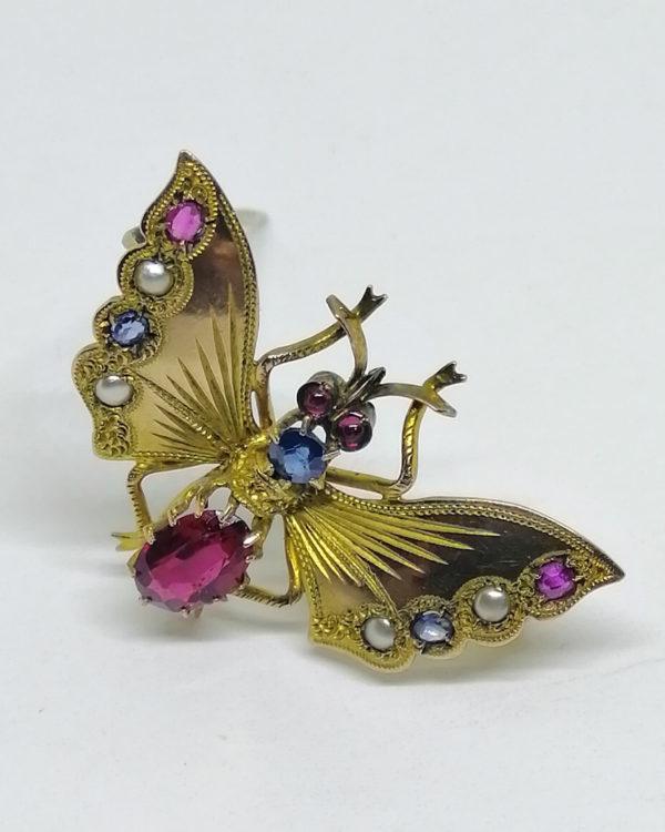 broche papillon en 8ct avec pierres précieuses art nouveau vers 1900