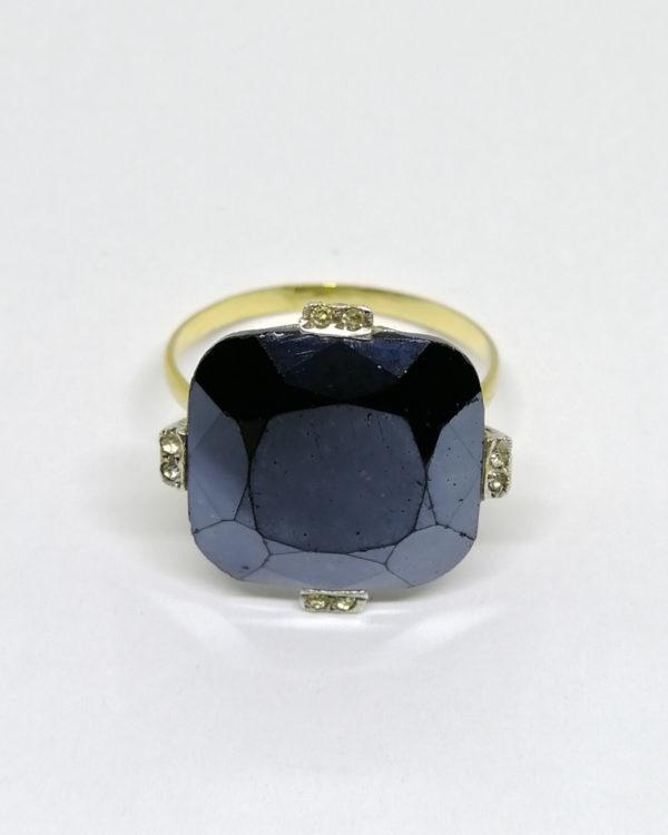 bague argent/or, avec grosse hématite en forme de coussin, art déco vers 1930.