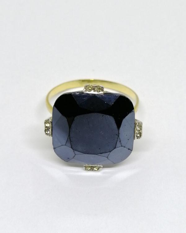 bague argent/or, avec grosse hématite en forme de coussin, art déco vers 1930.