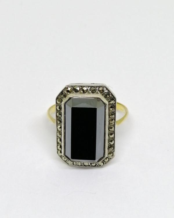 bague argent/or avec hématite sur mesure et marcasites art déco vers 1930.