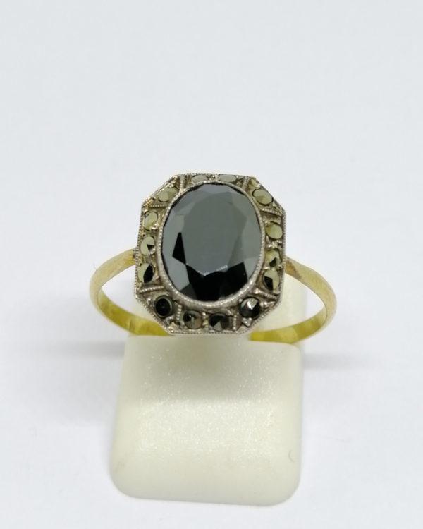 bague argent/or, avec hématite et pavage de marcasites art déco vers 1930.