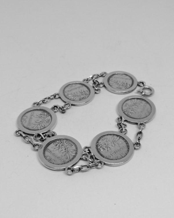 bracelet argent avec pièces de monnaies françaises vers 1930-40.