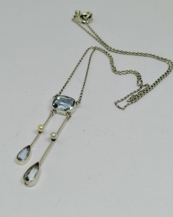 collier argent négligé avec aigue-marine et perles fines vers 1900