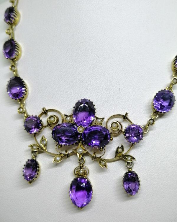 collier argent vermeil avec sertie d'améthystes et demi-perles fines vers 1880