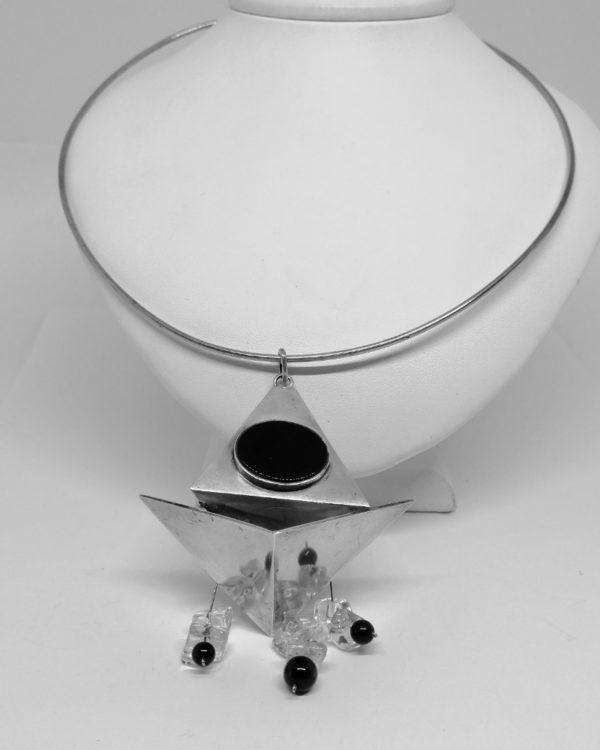 collier argent créateur avec onyx et cristal de roche vintage
