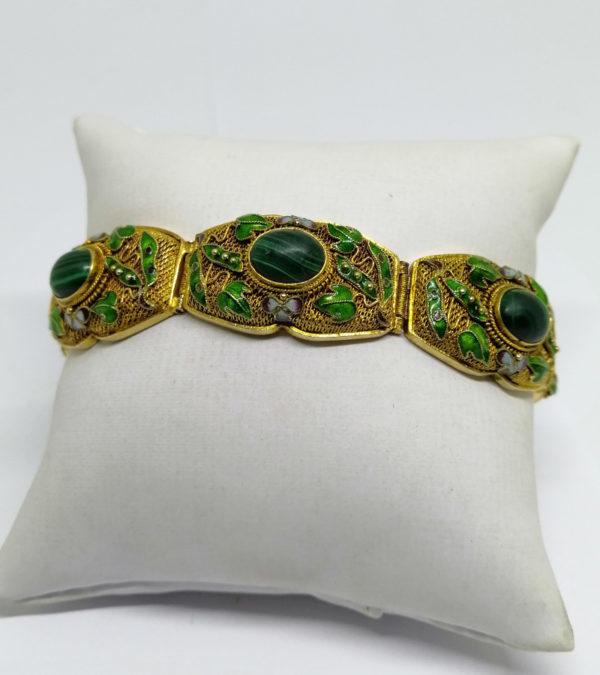 Bracelet argent, vermeil filigrané, Malachite et émaillé, vers 1900.