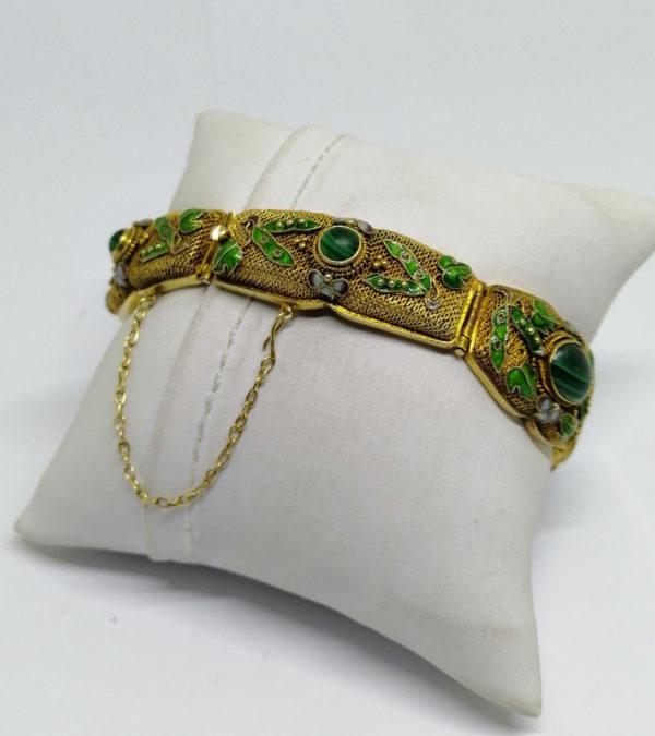 Bracelet argent, vermeil filigrané, Malachite et émaillé, vers 1900. – Image 2