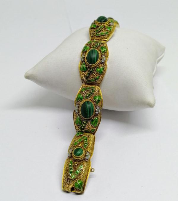 Bracelet argent, vermeil filigrané, Malachite et émaillé, vers 1900. – Image 3