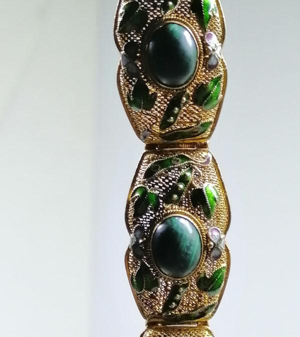 Bracelet argent, vermeil filigrané, Malachite et émaillé, vers 1900. – Image 6