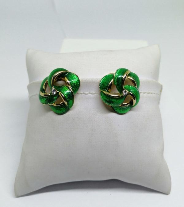 Boucles d'oreilles en clip , laiton et émail vert.