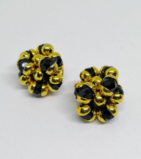 Boucles d'oreilles, clip, laiton et strass noir. – Image 2