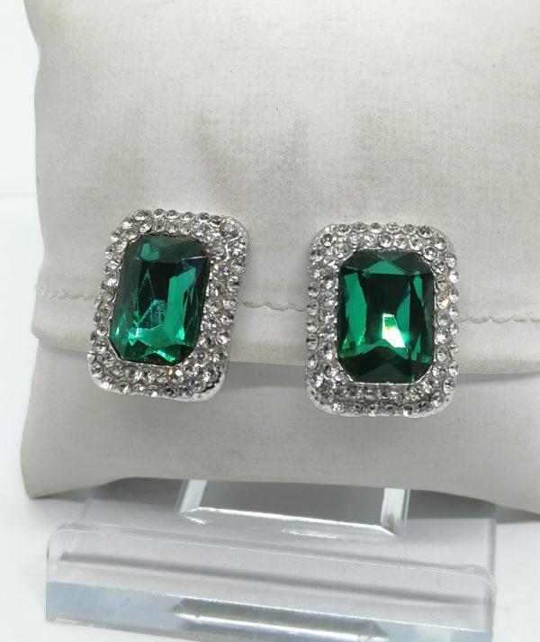 Boucles d'oreilles clip rectangulaire, façon émeraudes et diamants.