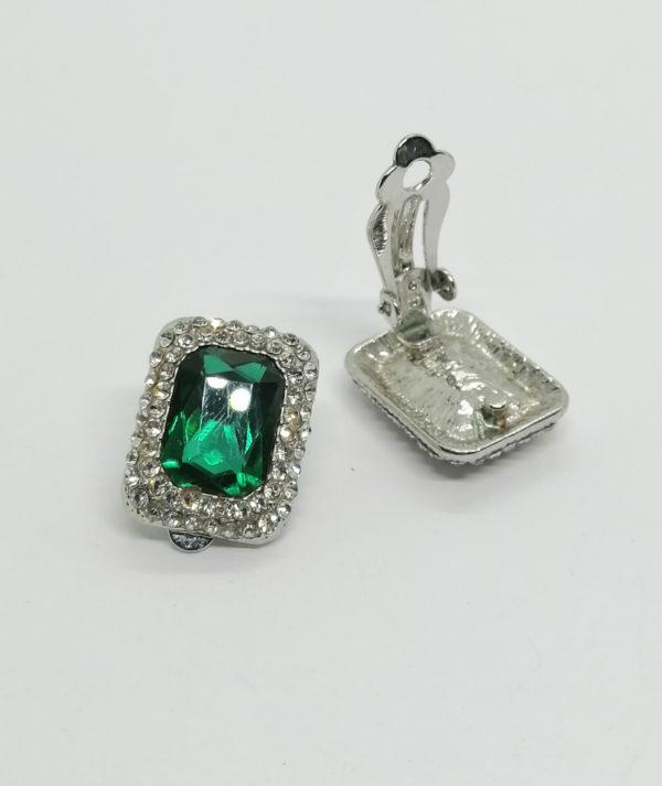 Boucles d'oreilles clip rectangulaire, façon émeraudes et diamants. – Image 3