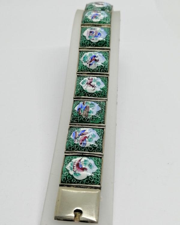 Bracelet argent, avec cabochons émaillés et décors animaux, travail Iranien, Art Nouveau.