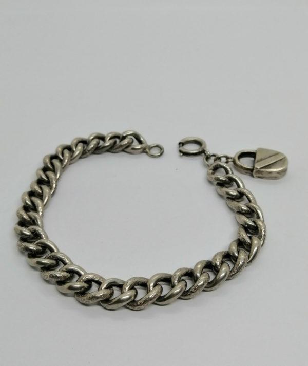 Bracelet argent, maille creuse et motif façon imprimé, breloque cadenas.