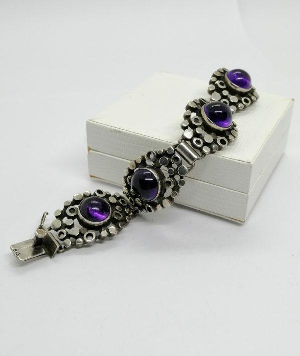 Bracelet argent, maille ajourée et cabochon rond d'améthyste, Art Déco. – Image 2