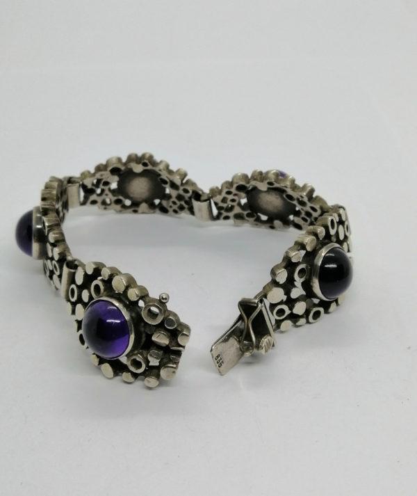 Bracelet argent, maille ajourée et cabochon rond d'améthyste, Art Déco. – Image 4