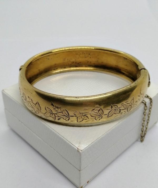 Bracelet argent, jonc vermeil, avec décor feuilles de vignes, Art Nouveau. – Image 3