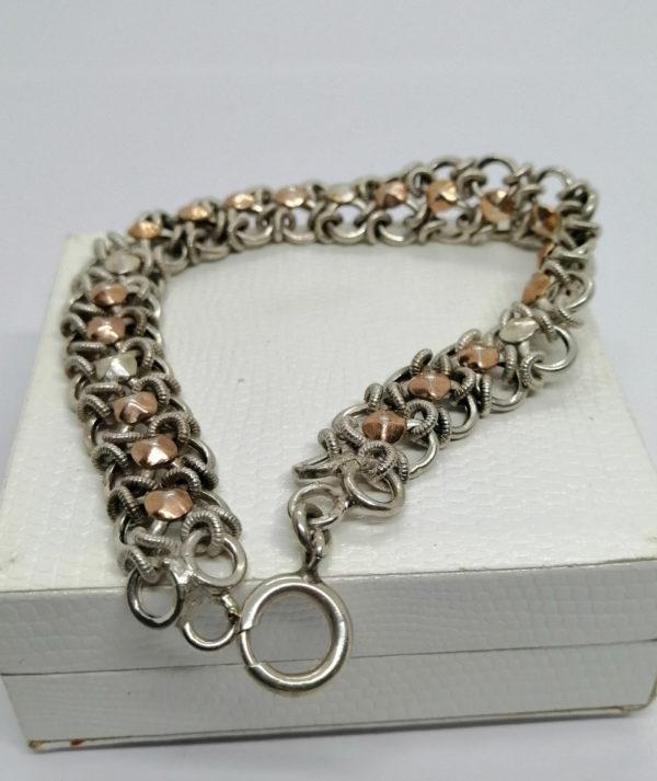 Bracelet argent, maille ancienne avec plaquettes d'or rosé, Paris vers 1900-20. – Image 4