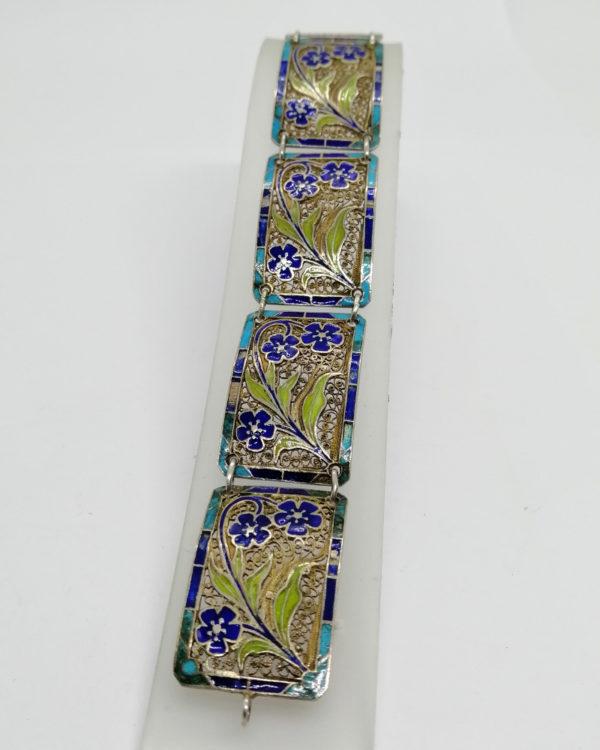Bracelet argent, vermeil filigrané et décor végétaux émaillés, Art Nouveau.