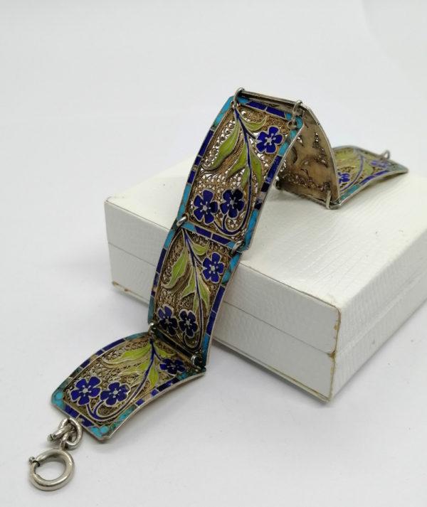 Bracelet argent, vermeil filigrané et décor végétaux émaillés, Art Nouveau. – Image 2
