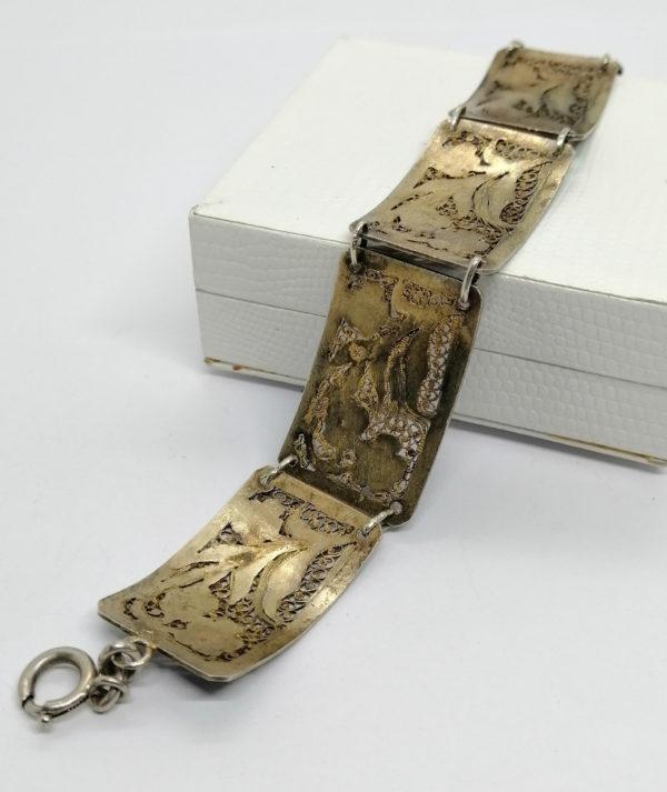 Bracelet argent, vermeil filigrané et décor végétaux émaillés, Art Nouveau. – Image 3
