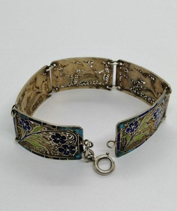 Bracelet argent, vermeil filigrané et décor végétaux émaillés, Art Nouveau. – Image 5