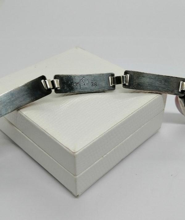 Bracelet argent, maillon long et cabochons de quartz rose, signé,1930-40. – Image 3
