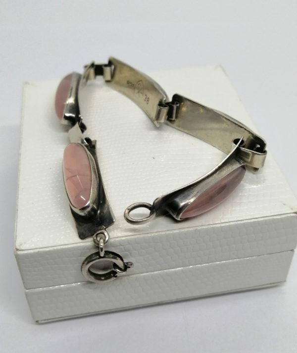 Bracelet argent, maillon long et cabochons de quartz rose, signé,1930-40. – Image 4