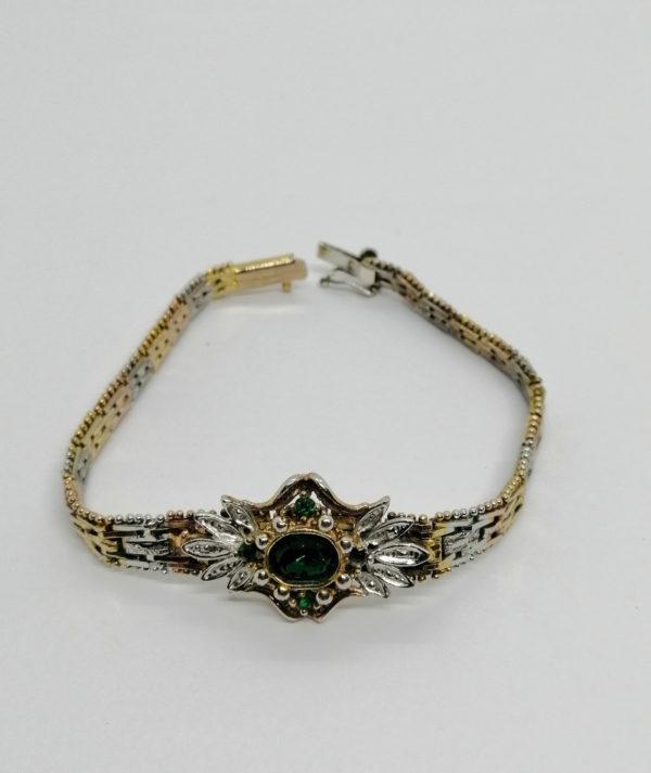 Bracelet argent et vermeil, maille tressée, strass vert.