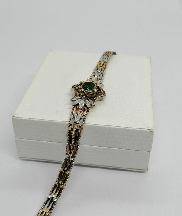 Bracelet argent et vermeil, maille tressée, strass vert. – Image 2