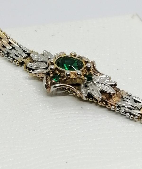 Bracelet argent et vermeil, maille tressée, strass vert. – Image 4