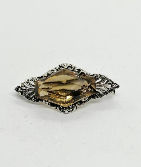 Broche argent, avec quartz fumé taillé sur mesure, marcasites, 1920.
