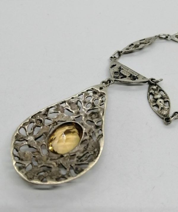 Collier argent, motifs floraux, citrine centrale, travail Italien vers 1920. – Image 5